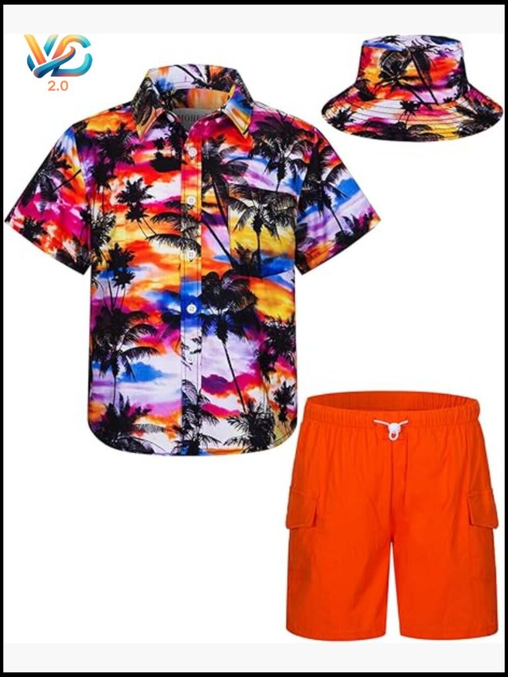 Boys Hawaiian Shirt and Short Set 2 Piece Matching Outfit with Bucket Hat